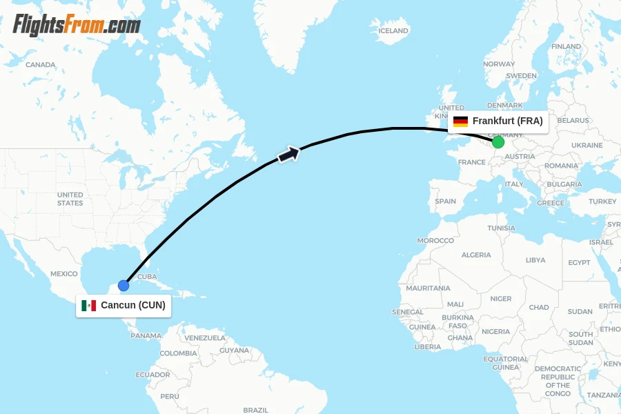 Flights from Cancun to Frankfurt route map