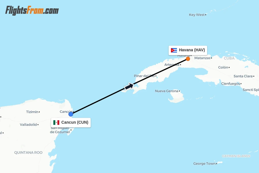Flights from Cancun to Havana route map