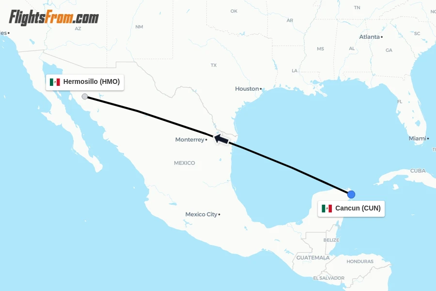 Flights from Cancun to Hermosillo route map