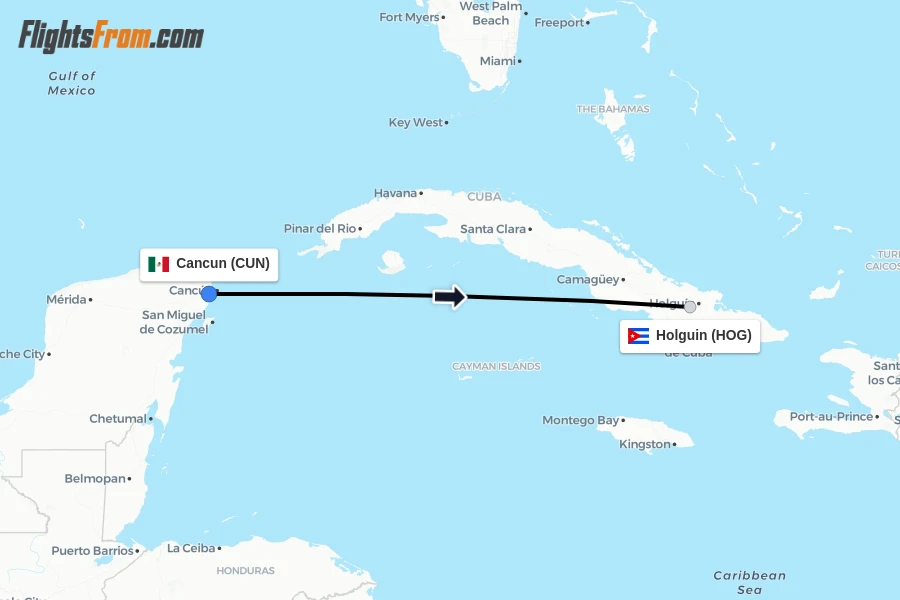 Flights from Cancun to Holguin route map