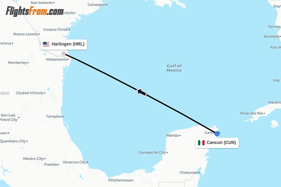 Flights from Cancun to Harlingen route map