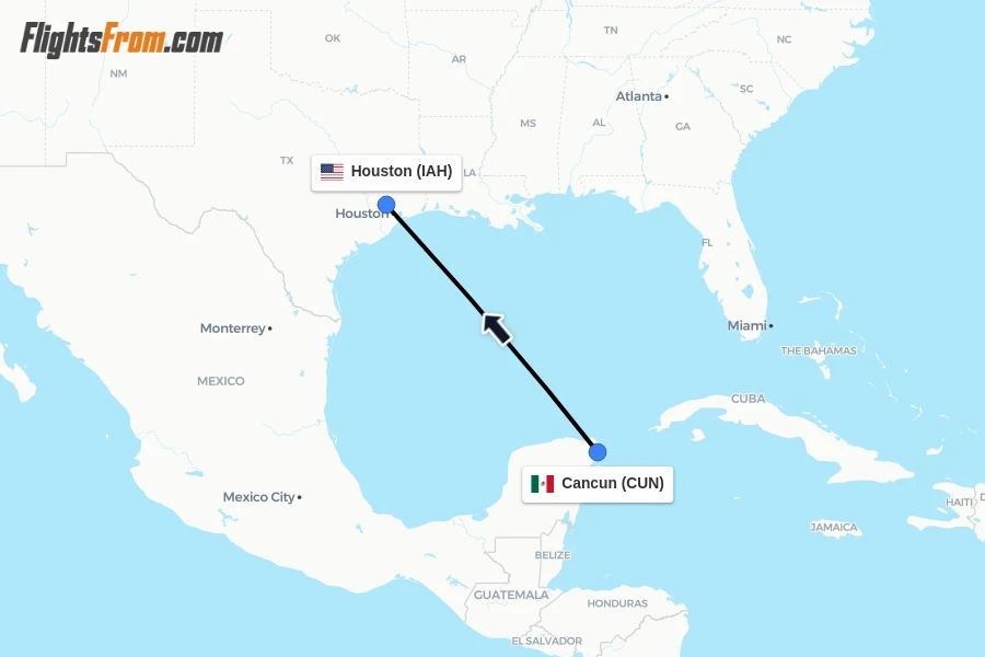 Flights from Cancun to Houston route map