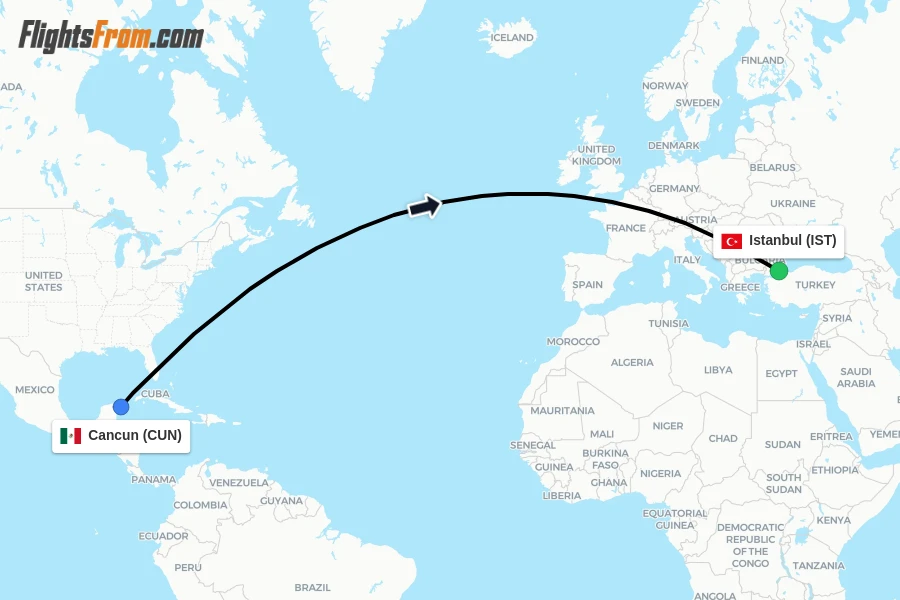 Flights from Cancun to Istanbul route map
