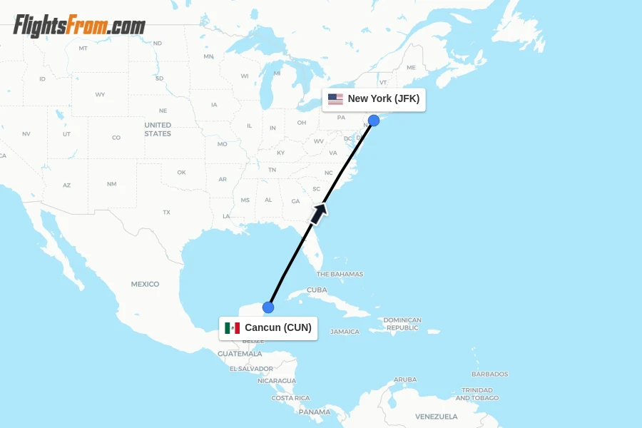 Flights from Cancun to New York route map
