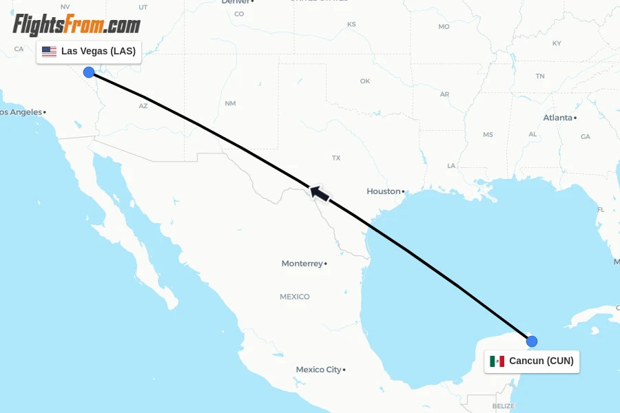 Flights from Cancun to Las Vegas route map