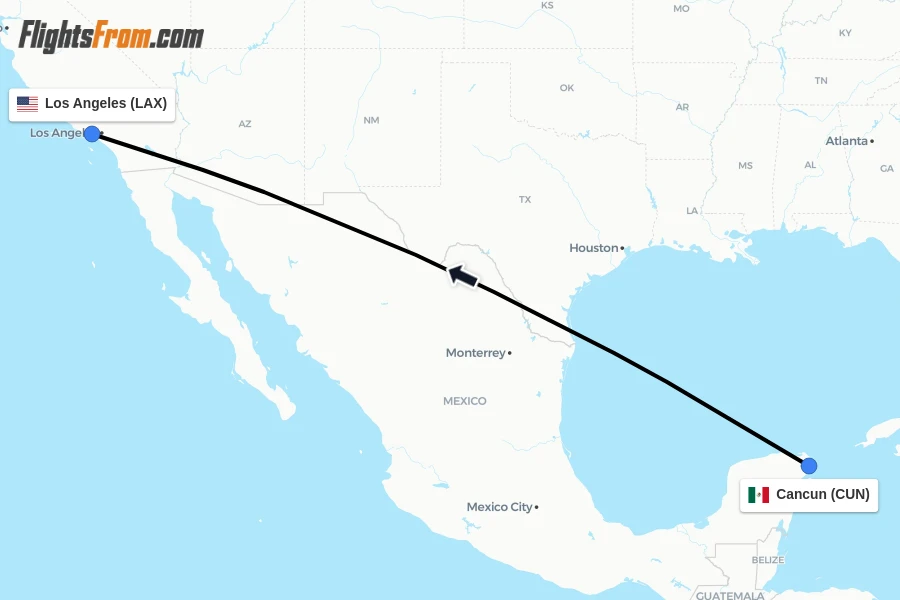 Flights from Cancun to Los Angeles route map