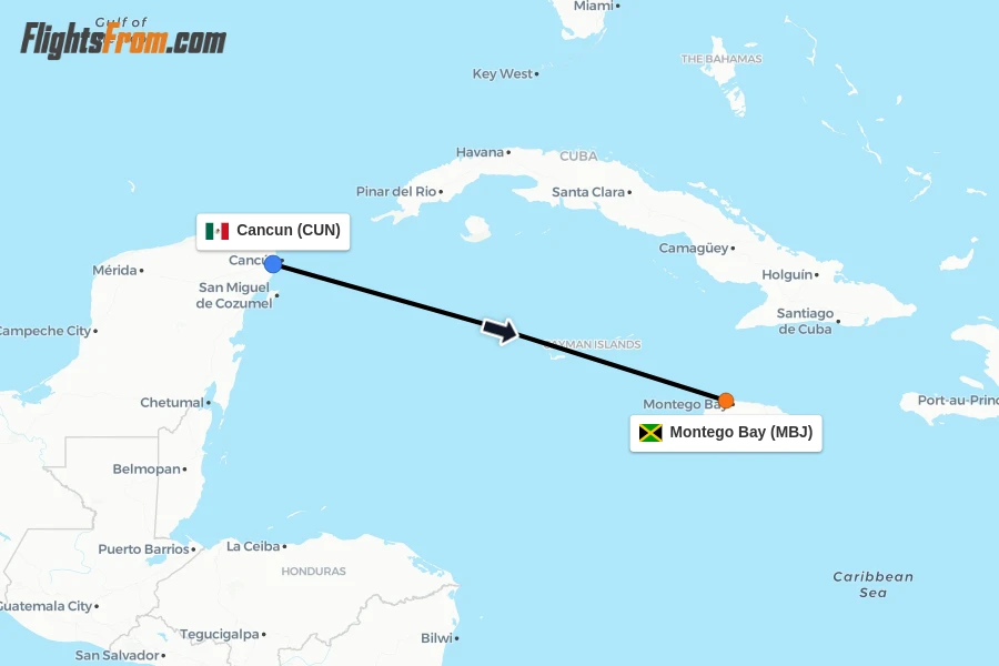 Flights from Cancun to Montego Bay route map