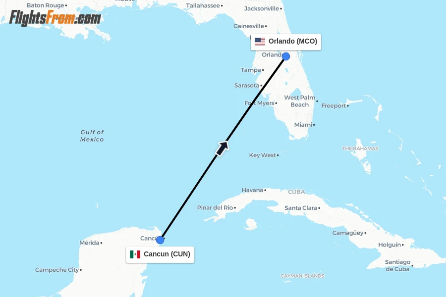 Flights from Cancun to Orlando route map