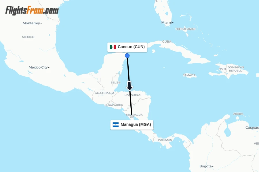 Flights from Cancun to Managua route map