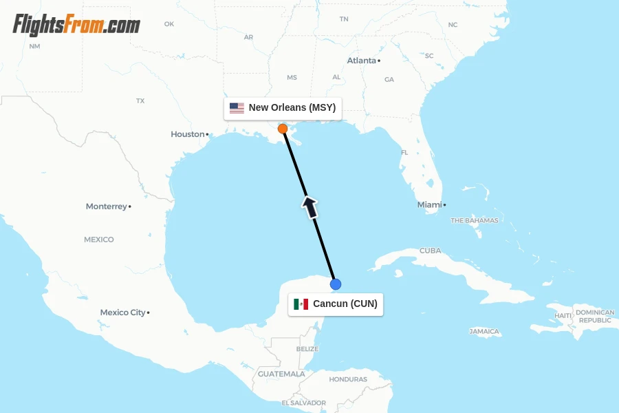 Flights from Cancun to New Orleans route map