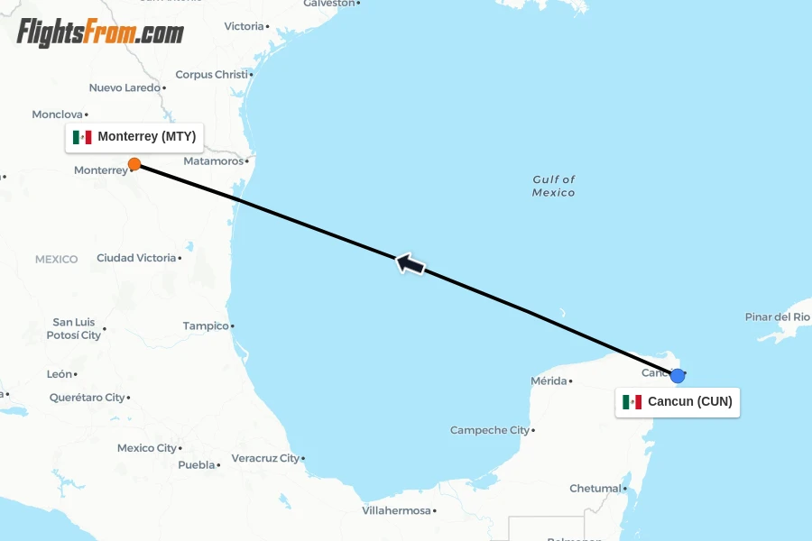 Flights from Cancun to Monterrey route map