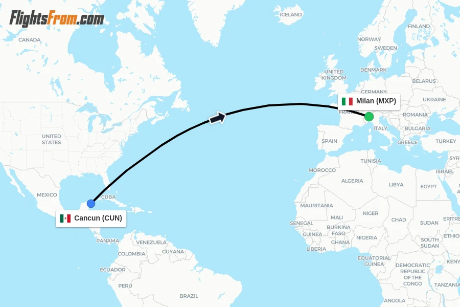 Flights from Cancun to Milan route map