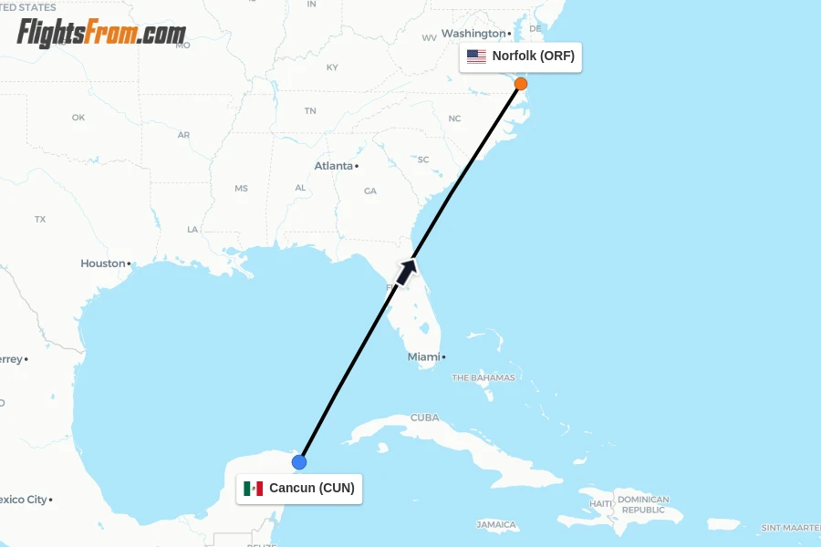 Flights from Cancun to Norfolk route map