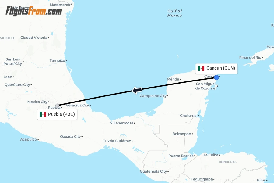 Flights from Cancun to Puebla route map