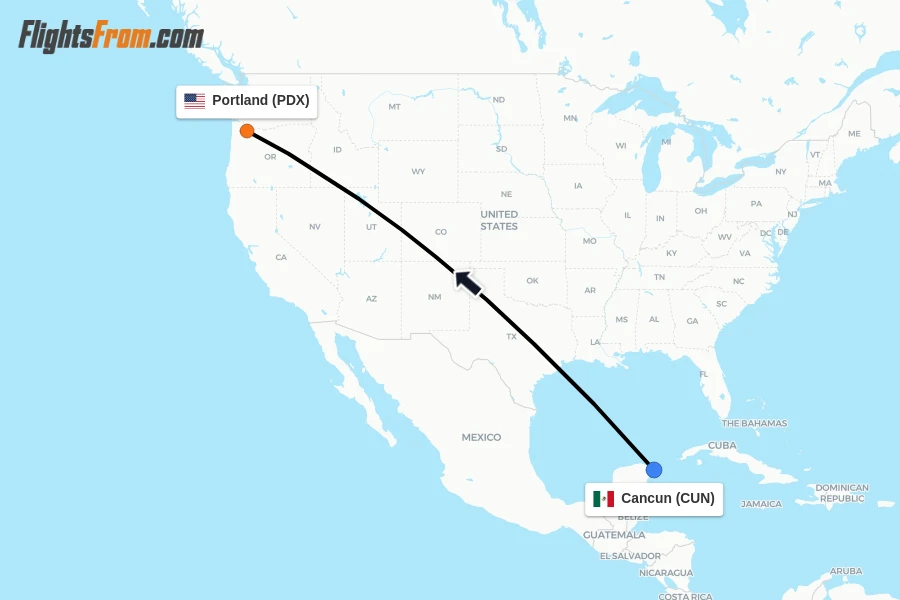 Flights from Cancun to Portland route map