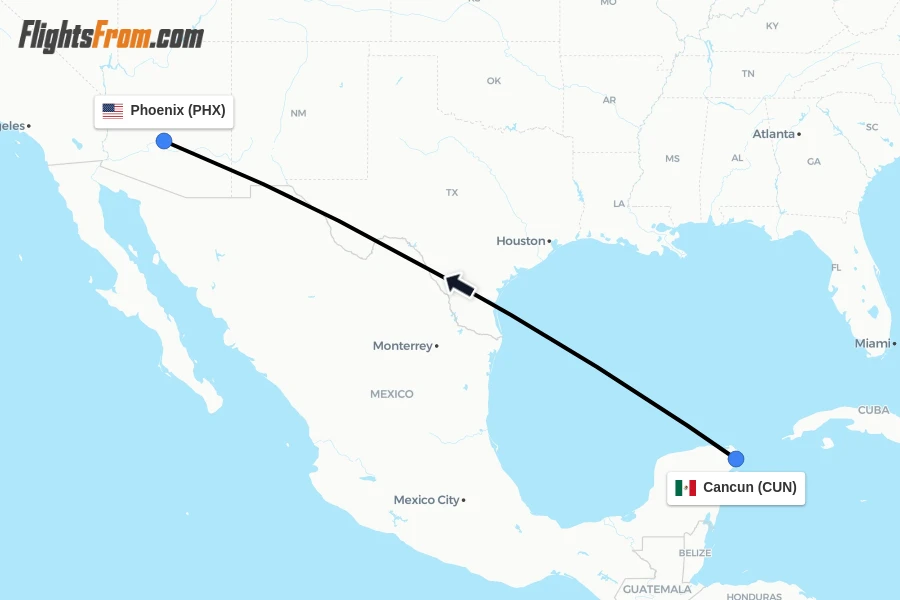 Flights from Cancun to Phoenix route map