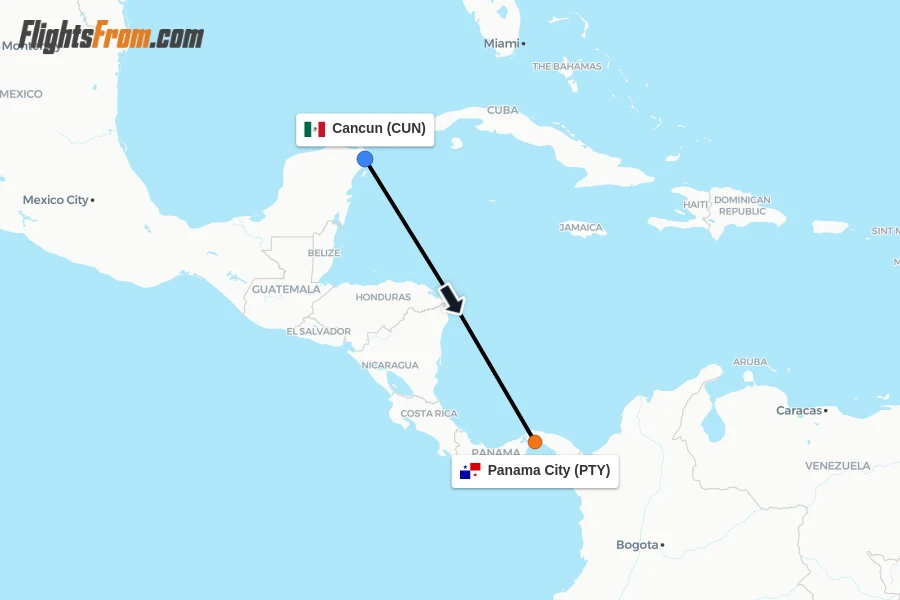 Flights from Cancun to Panama City route map