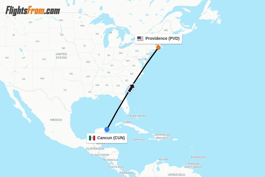 Flights from Cancun to Providence route map