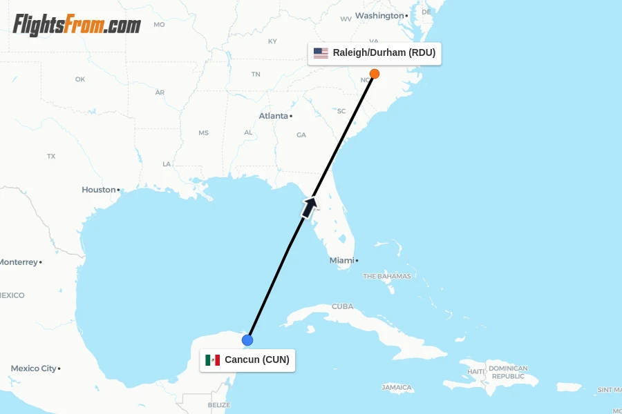Flights from Cancun to Raleigh/Durham route map
