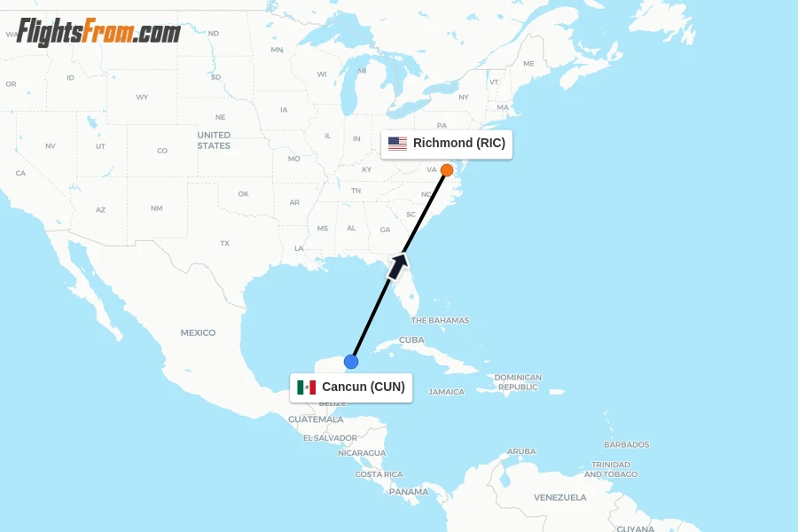 Flights from Cancun to Richmond route map