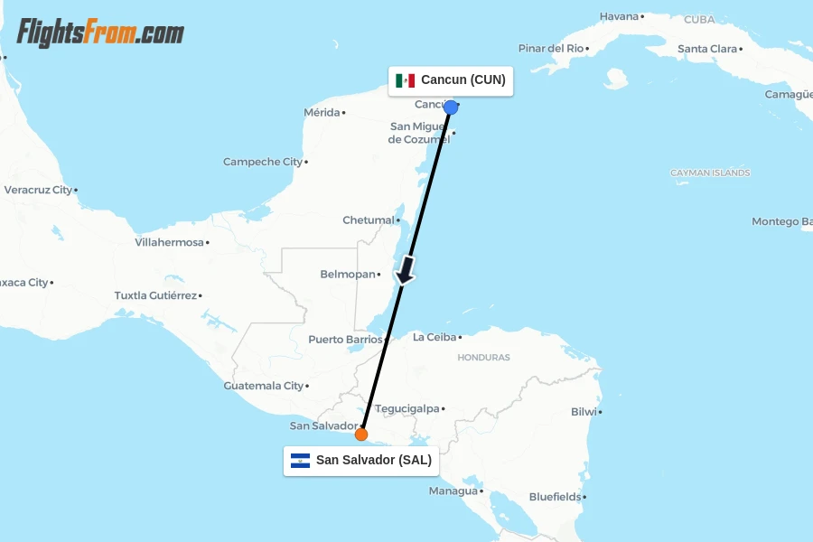 Flights from Cancun to San Salvador route map