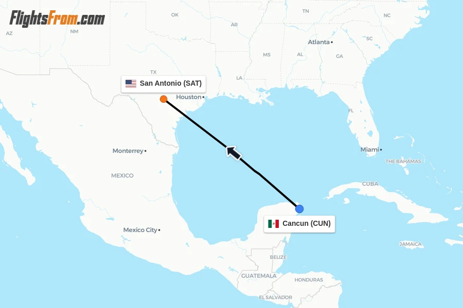 Flights from Cancun to San Antonio route map