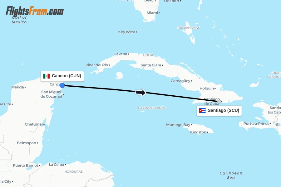 Flights from Cancun to Santiago route map