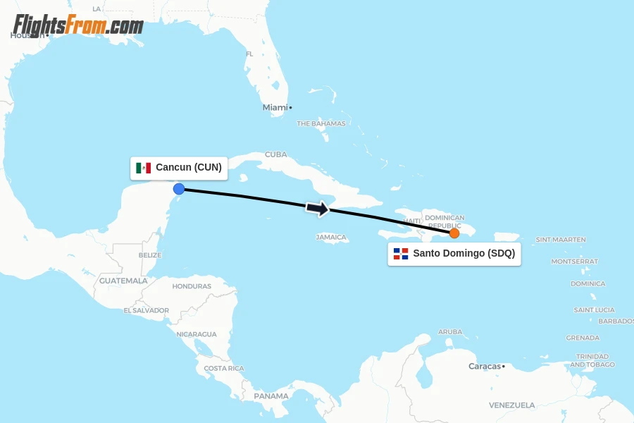 Flights from Cancun to Santo Domingo route map