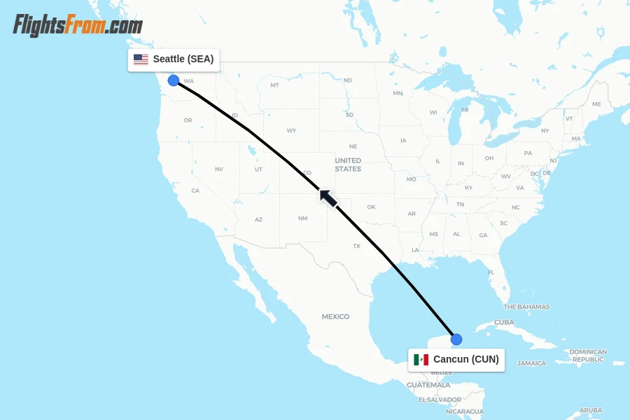 Flights from Cancun to Seattle route map