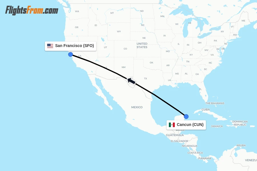 Flights from Cancun to San Francisco route map