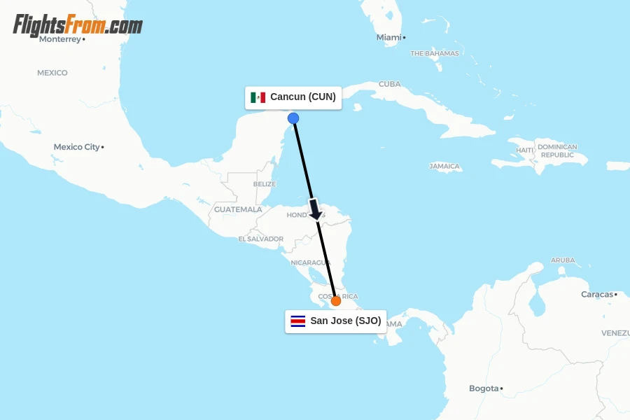 Flights from Cancun to San Jose route map