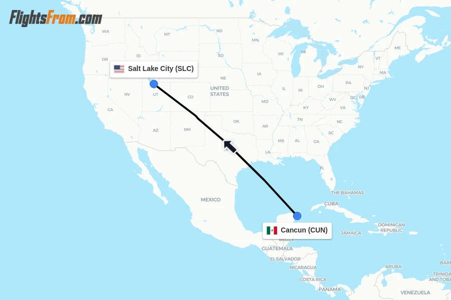 Flights from Cancun to Salt Lake City route map