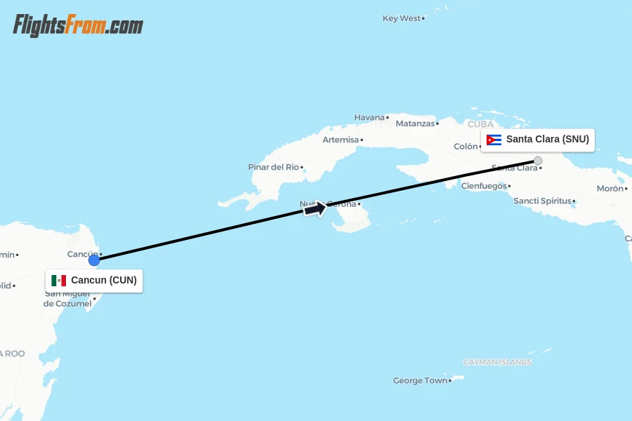 Flights from Cancun to Santa Clara route map