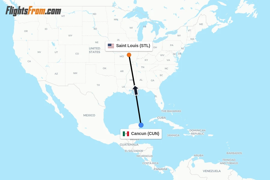 Flights from Cancun to Saint Louis route map