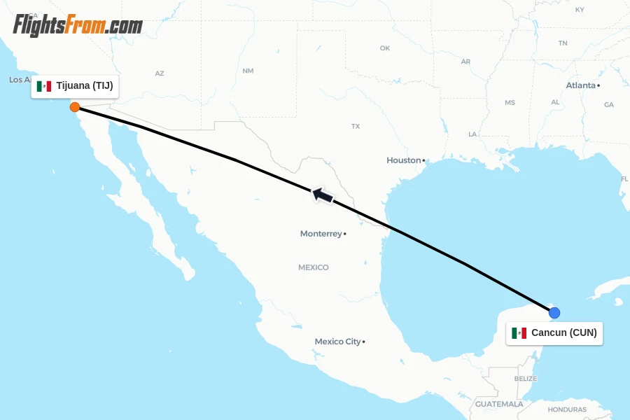 Flights from Cancun to Tijuana route map