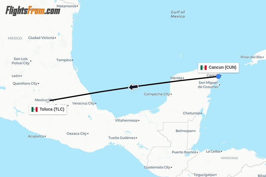 Flights from Cancun to Toluca route map
