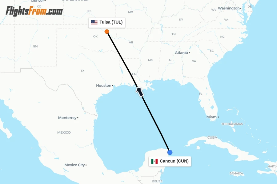 Flights from Cancun to Tulsa route map