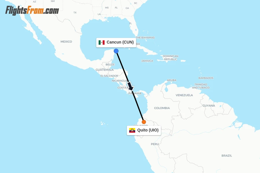 Flights from Cancun to Quito route map