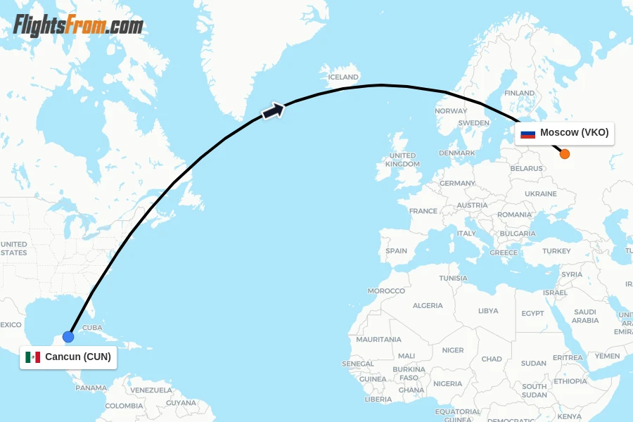 Flights from Cancun to Moscow route map