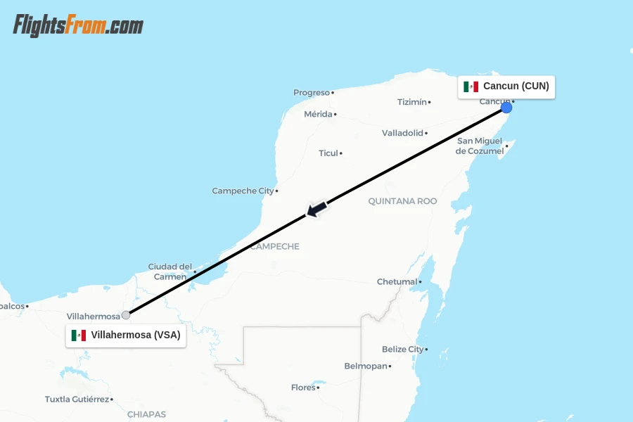 Flights from Cancun to Villahermosa route map