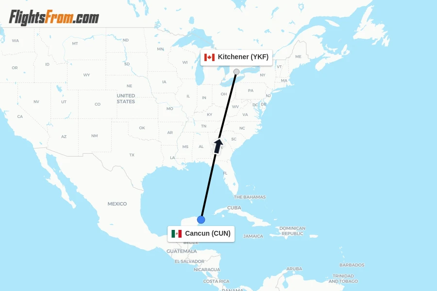 Flights from Cancun to Kitchener route map