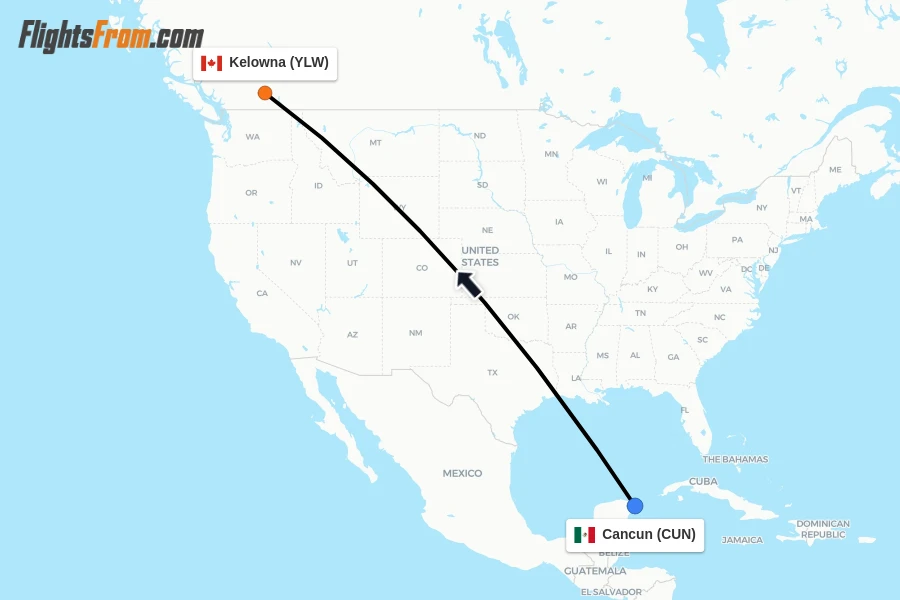 Flights from Cancun to Kelowna route map