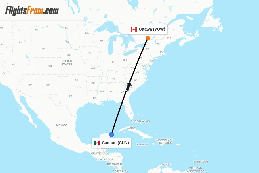 Flights from Cancun to Ottawa route map