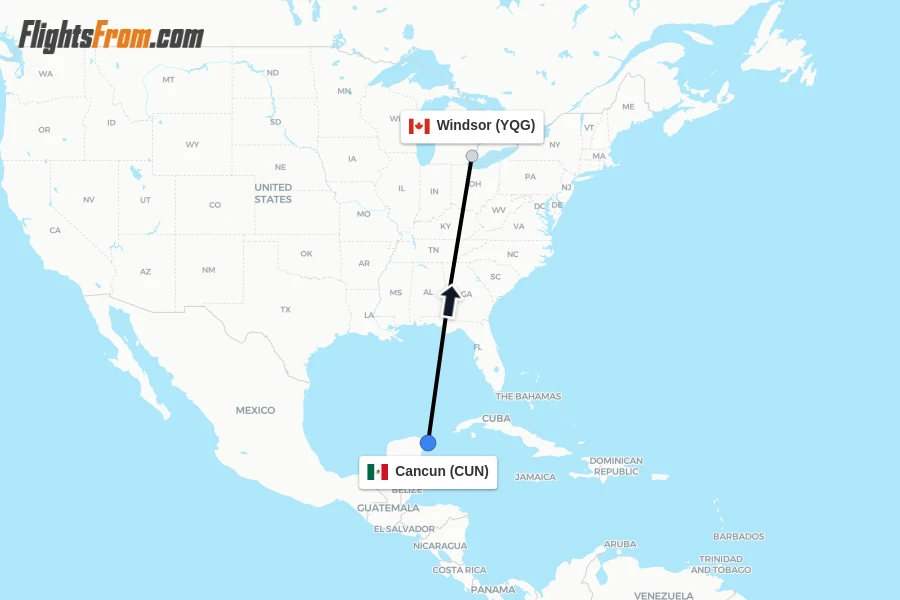 Flights from Cancun to Windsor route map