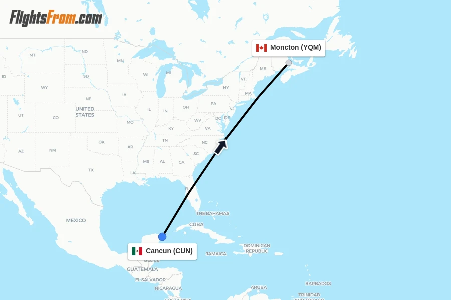 Flights from Cancun to Moncton route map