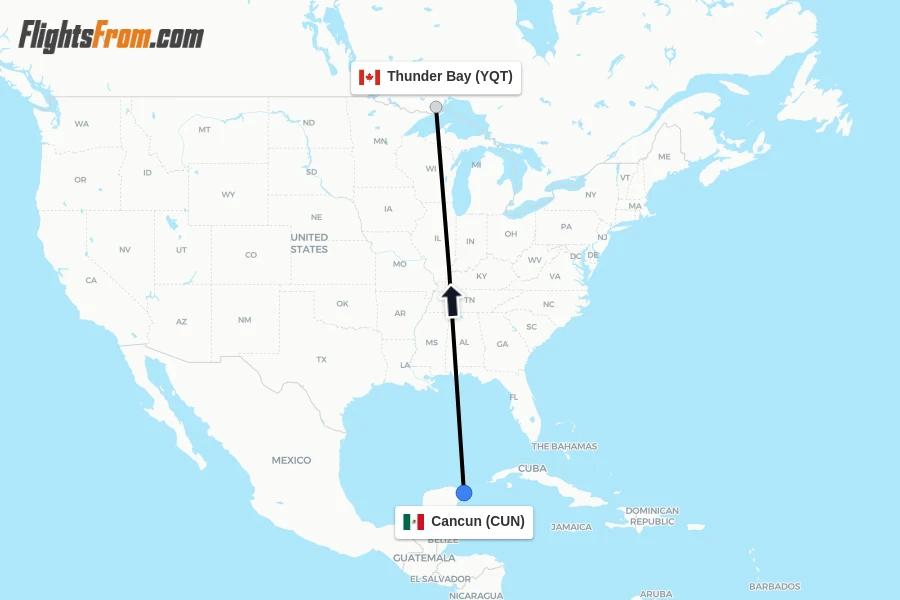 Flights from Cancun to Thunder Bay route map