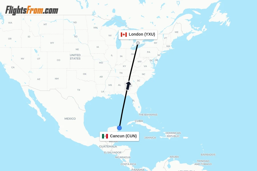 Flights from Cancun to London route map