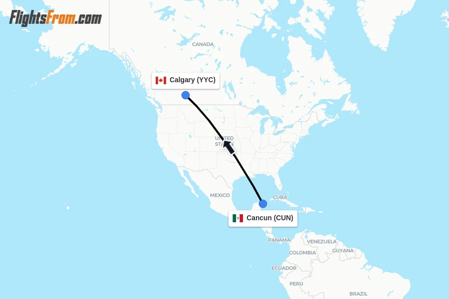 Flights from Cancun to Calgary route map