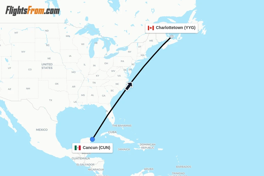 Flights from Cancun to Charlottetown route map