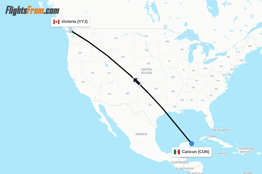 Flights from Cancun to Victoria route map